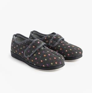 Padders Camilla Womens (2e Fit) Touch Fasten Polka Dot Slippers Grey/multi