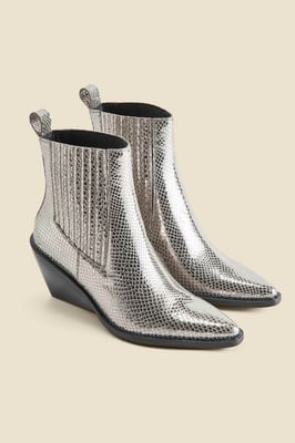 Silver Leather Western Stack Heel Boots