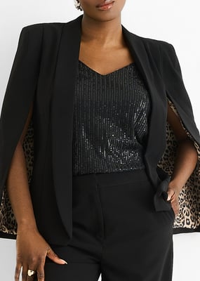 Black Contrast Animal Lining Tailoring Cape Blazer