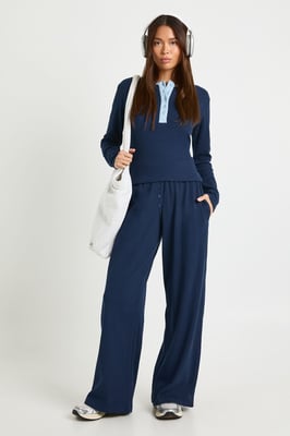 Contrast Binding Henley Button Down Top & Trouser Co Ord