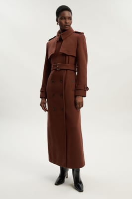 Wool Pu Mix Tailored Belted Trench Maxi Coat