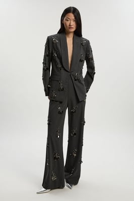 Cluster Sequin & Crystal Embellished Tailored Wide Leg Trouser