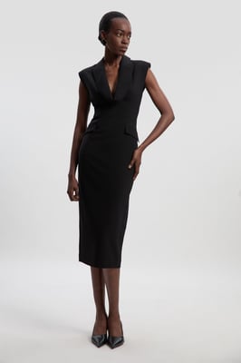 Petite Polished Tailored Cowl Neck Sleeveless Midi Dress