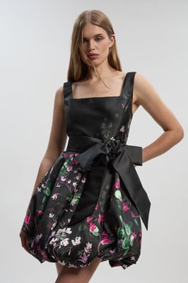 Scattered Floral Twill Mini Puff Ball Woven Dress