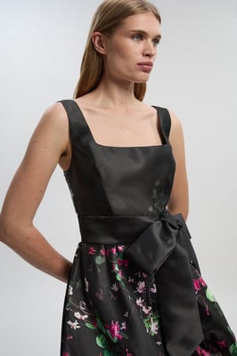Scattered Floral Twill Mini Puff Ball Woven Dress