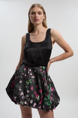 Scattered Floral Twill Mini Puff Ball Skirt