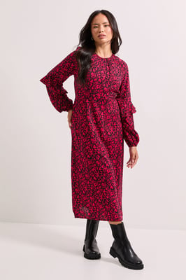 Pink Ruffle Blouson Sleeve Empire Seam Midi Dress