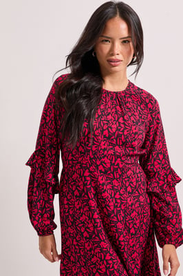 Pink Ruffle Blouson Sleeve Empire Seam Midi Dress