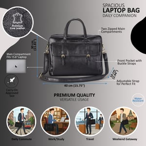 Genuine Leather Laptop Black Satchel Messenger Crossbody Shoulder Bag - Belmont