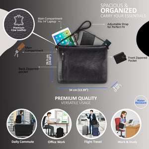 Genuine Leather Black Laptop Satchel Messenger Shoulder Bag - Astor
