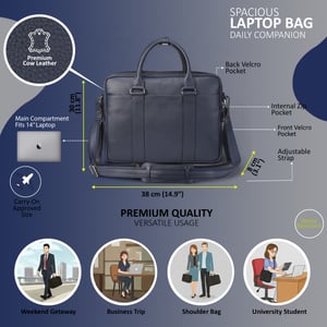 Genuine Leather Navy Laptop Business Briefcase Office Work Travel Bag - Sutton