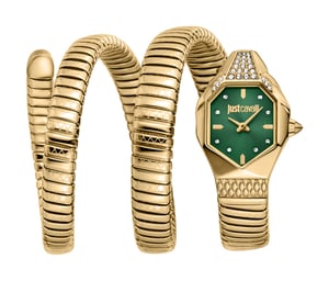 Just Cavalli Snake Watch, Gold Color Case, Dark Green Dial, Gold Color Stainless Steel Bracelet