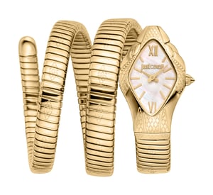 Just Cavalli Snake Watch, Gold Color Case, White MOP Dial, Gold Color Stainless Steel Bracelet