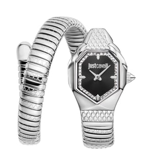 Just Cavalli Snake Watch, Silver Color Case, Black Dial, Stainless Steel Bracelet