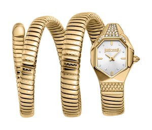 Just Cavalli Snake Watch, Gold Color Case, Silver Dial, Gold Color Stainless Steel Bracelet