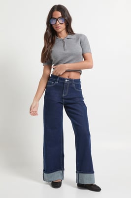 Petite Turn Up High Waist Straight Leg Jean