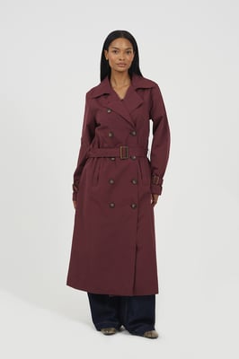 Burgundy Double-Breasted Longline Trench Coat