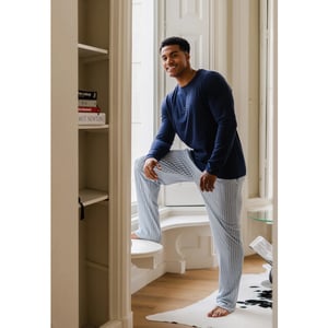 Phil & Co Heren pyjama set lang donkerblauw/grijs gestreept