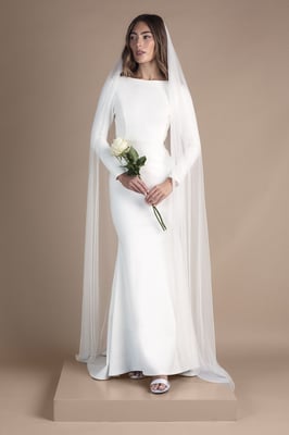 Petite Slash Neck Puddle Wedding Dress