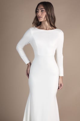 Petite Slash Neck Puddle Wedding Dress