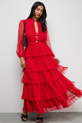 Ruffle Neck Tulle Maxi Dress