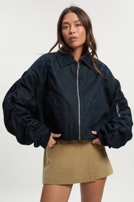 Ruched Sleeve Denim Bomber Jacket
