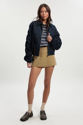 Ruched Sleeve Denim Bomber Jacket