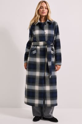 Check Detail Fur Cuff Detail Belted Coat