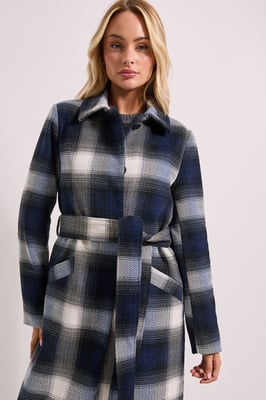 Check Detail Fur Cuff Detail Belted Coat