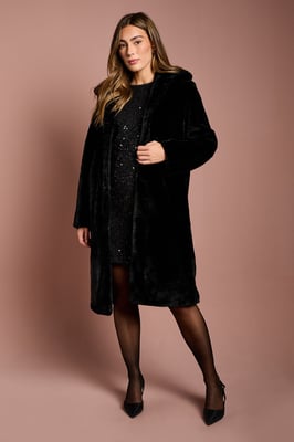 Black Faux Fur Longline Collared Coat