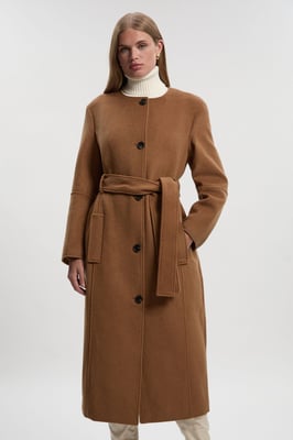 Brushed Wool Single Breasted Belted Tailored Maxi Coat