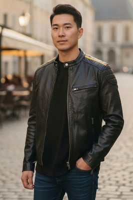 Mens Black Quilted Yellow Strip Leather Biker Jacket - Rider