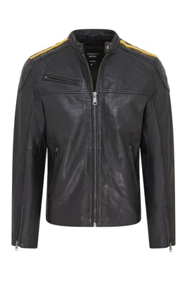 Mens Black Quilted Yellow Strip Leather Biker Jacket - Rider