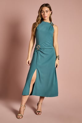 Stretch Crepe Midi Dress With Buckle