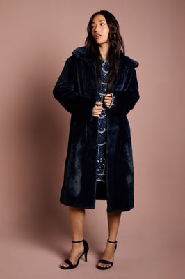 Navy Faux Fur Longline Collared Coat