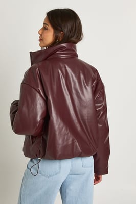 Funnel Neck Faux Leather Bomber Jacket