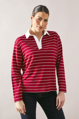 Petite Striped Rugby Top With Woven Collar