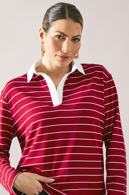 Petite Striped Rugby Top With Woven Collar