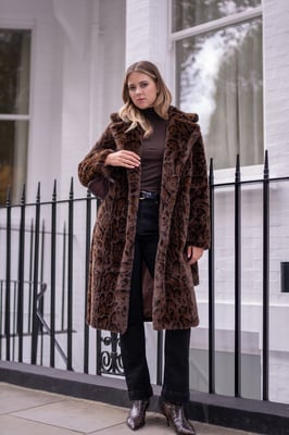 Chocolate Leopard Print Premium Faux Fur Belted Coat