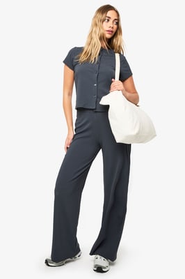 Crinkle Rib Button Through Cap Sleeve Top and Trouser Set