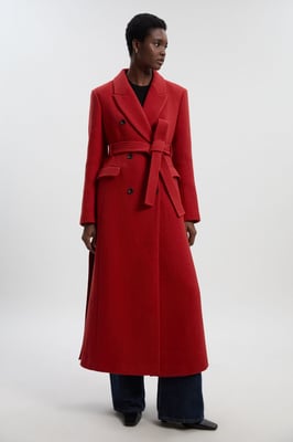 Wool Double Breasted Belted Tailored Maxi Coat