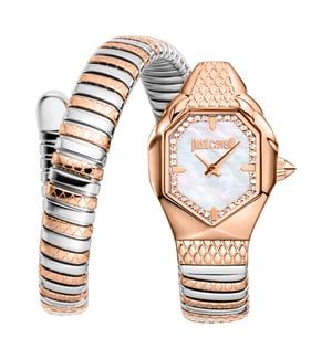 Just Cavalli Snake Watch, Rose Gold Color Case, White MOP Dial, Two Tone Stainless Steel Bracelet
