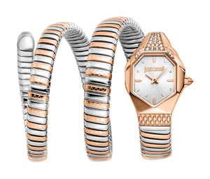Just Cavalli Snake Watch, Rose Gold Color Case, Silver Dial, Two Tone Silver & Rose gold Stainless Steel Bracelet
