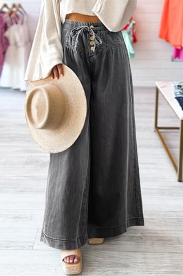 Wide Leg Jeans Button Fly Drawstring