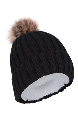 'Geneva' Fur Lined Women's Beanie Pom Pom Winter Hat Black