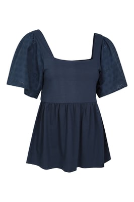 'Verona' Women's Broderie Sleeve Top with Ruched Back Summer Casual Blouse Navy