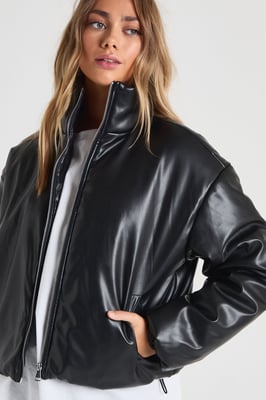 Funnel Neck Faux Leather Bomber Jacket