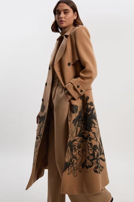 Wool Placement Print Tailored Double Breasted Belted Midi Coat