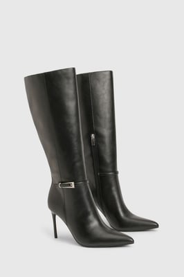 Buckle Detail High Stiletto Pointed Toe Knee High Boots