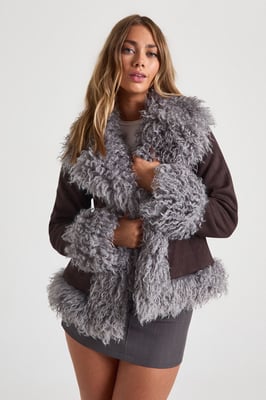 Faux Fur Trim Suede Look Coat